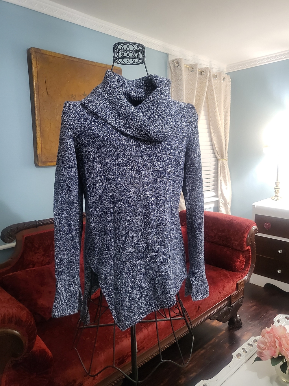 White House Black Market Black Label Cowl Neck Asymmetrical Blue Tunic Sweater